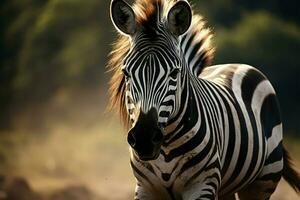 ai gegenereerd zebra's schoonheid een gedetailleerd portret tegen de backdrop van de Woud foto