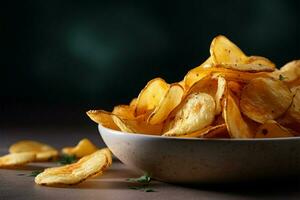 ai gegenereerd watertanden tevredenheid gevonden in de krokant en heerlijk aardappel chips foto