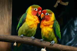 ai gegenereerd liefde vogelstand detailopname onthult levendig en mooi rangschikking van kleuren foto