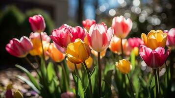 ai gegenereerd kleurrijk krokussen bloeiend in de tuin. voorjaar achtergrond foto
