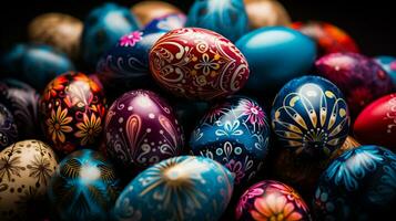 ai gegenereerd kleurrijk Pasen eieren Aan rustiek houten achtergrond foto