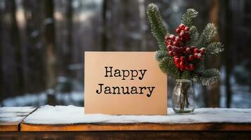 ai gegenereerd kaart met tekst gelukkig januari Aan houten tafel in winter Woud foto