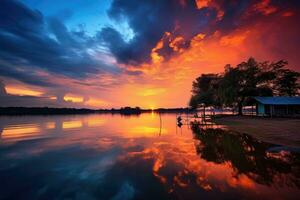 ai gegenereerd mooi zonsondergang Aan de meer met reflectie in water, Thailand, mooi zonsondergang Bij de meer in Thailand, gevangen genomen door een lang blootstelling schot, ai gegenereerd foto
