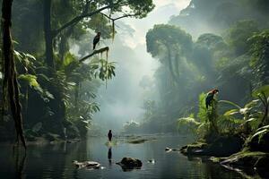 ai gegenereerd mooi visie van tropisch regenwoud met blauw papegaaien Aan de rotsen, ai gegenereerd foto