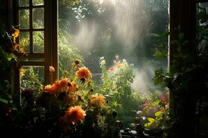 ai gegenereerd geel bloemen Aan de vensterbank in de ochtend- mist. zomer landschap, ai gegenereerd foto