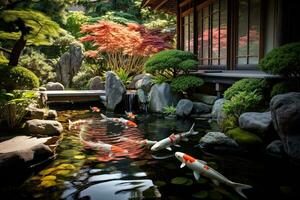 ai gegenereerd mooi Japans tuin met vijver en koi vis in herfst seizoen, ai gegenereerd foto