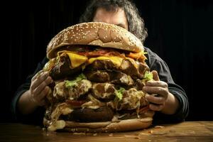 ai gegenereerd Mens eten reusachtig hamburger. genereren ai foto