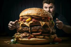 ai gegenereerd toegeeflijk Mens eten reusachtig hamburger. genereren ai foto