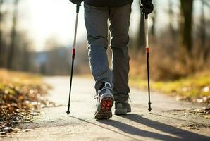 ai gegenereerd enthousiast Mens beoefenen nordic wandelen met polen buitenshuis. genereren ai foto