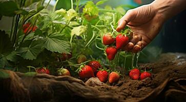 ai gegenereerd aardbeien in handen, close-uo van hand- plukken aardbeien, aardbeien in de tuin, oogst voor aardbeien foto