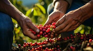 ai gegenereerd handen van een persoon Holding een bundel van koffie bonen, oogst voor koffie bonen, detailopname van handen plukken omhoog van koffie bonen foto