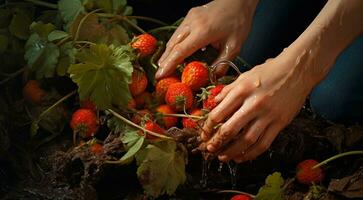 ai gegenereerd aardbeien in handen, close-uo van hand- plukken aardbeien, aardbeien in de tuin, oogst voor aardbeien foto