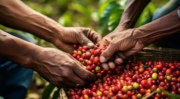 ai gegenereerd handen van een persoon Holding een bundel van koffie bonen, oogst voor koffie bonen, detailopname van handen plukken omhoog van koffie bonen foto