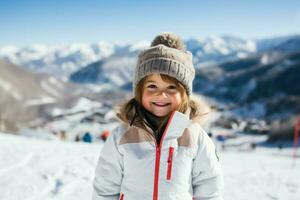 ai gegenereerd levendig weinig meisje ski toevlucht. genereren ai foto