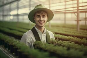 ai gegenereerd glimlachen jong agronoom met boer hoed. genereren ai foto