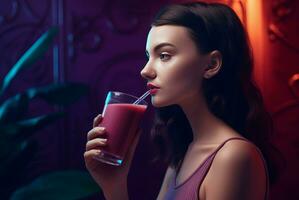 ai gegenereerd vrouw drinken Purper smoothie glas ontgiften. genereren ai foto