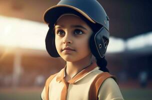 ai gegenereerd weinig meisje in cricketspeler uniform. genereren ai foto