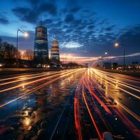 ai gegenereerd een stad horizon met lichten Aan een snelweg foto