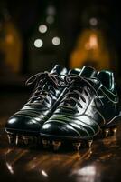 ai gegenereerd paar- van zwart groen Amerikaans voetbal schoenen foto