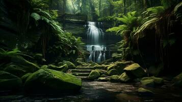 ai gegenereerd een afgelegen waterval verborgen binnen de weelderig bossen foto