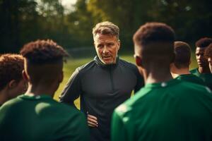 ai gegenereerd een hoofd trainer is instrueren een groep van spelers in een intens opleiding sessie foto