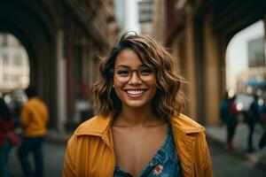 ai gegenereerd portret van toothy glimlachen meisje staan, Holding haar bril en op zoek Bij camera met gelukkig gezicht foto