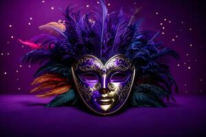 ai gegenereerd een carnaval masker met veren Aan een Purper achtergrond foto