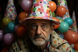 ai gegenereerd Mens vieren met een partij hoed, actief senioren levensstijl afbeeldingen foto