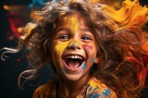 ai gegenereerd jong meisje omarmen speels schilderij met levendig kleuren, holi festival beeld downloaden foto