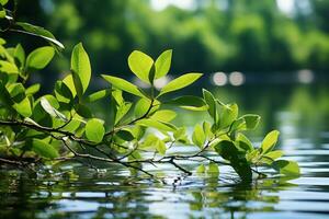 ai gegenereerd contemplatief tafereel van groen bladeren gespiegeld in een nog steeds water oppervlak, Gaan groen afbeeldingen foto