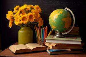 ai gegenereerd bloemen boeken en een wereldbol in waardering van docenten, leerzaam foto