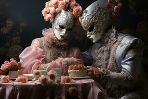 ai gegenereerd paar in elegant maskers bezuinigingen in taart versierd met delicaat masker patronen, verloving, bruiloft en verjaardag beeld foto
