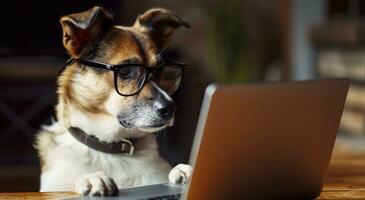ai gegenereerd een hond met bril Aan looks Bij een laptop scherm, huisdier foto