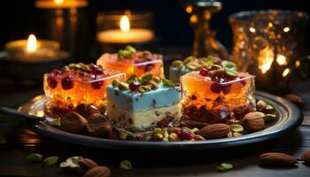 ai gegenereerd aanlokkelijk toetje ensemble met een medley van noten en pistachenoten geserveerd Aan een houten schotel met ambient kaarslicht, eid en Ramadan afbeeldingen foto