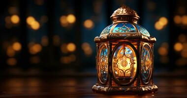 ai gegenereerd geïsoleerd Islamitisch lantaarn Aan een neutrale bruin grijs oppervlak, eid en Ramadan afbeeldingen foto