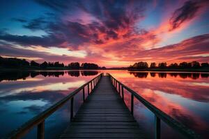 ai gegenereerd levendig lucht weerspiegeld in rustig meer, zonsopkomst en zonsondergang behang foto