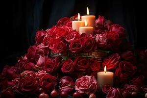 ai gegenereerd rood rozen temidden van de gloed van kaarslicht, valentijn, dating en liefde voorstel beeld foto