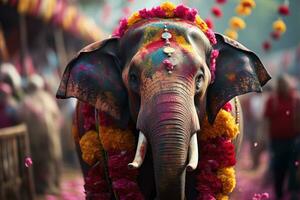 ai gegenereerd holi festival gevierd Aan versierd olifanten, holi festival beeld downloaden foto