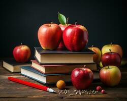ai gegenereerd een boek met een rood appel en potloden geregeld netjes Aan een schoolbord, onderwijs afbeeldingen voor website foto