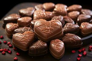 ai gegenereerd hart vormig chocolaatjes creëren harmonie Aan sleutels, valentijn, dating en liefde voorstel beeld foto