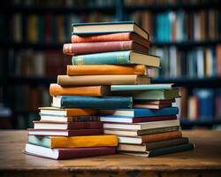 ai gegenereerd een boek staand uit trots Aan een stack van boeken in een bibliotheek, onderwijs afbeeldingen voor website foto