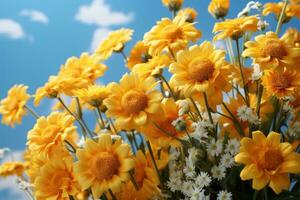 ai gegenereerd zonnebloemen glijden van pluizig wolk luifels, voorjaar sessie foto's foto