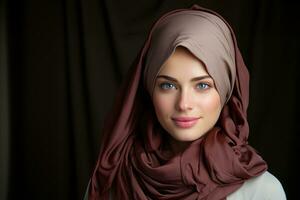 ai gegenereerd cultureel verscheidenheid gevangen genomen in een portret van een jong Islamitisch vrouw met een sjaal, eid en Ramadan afbeeldingen foto