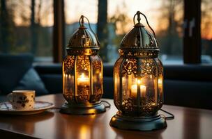 ai gegenereerd elegant en chique tafel decor verbeterd door donker bronzen lantaarns met weelderig gouden hoorns, eid en Ramadan afbeeldingen foto