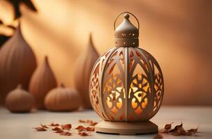 ai gegenereerd keramisch lantaarn met blad decoratie Aan gepolijst marmeren tafel, eid en Ramadan afbeeldingen foto