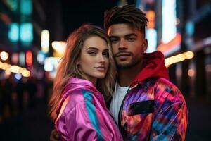 ai gegenereerd een paar in modieus outfits tegen een backdrop van oogverblindend neon stad lichten, valentijn, dating en liefde voorstel beeld foto