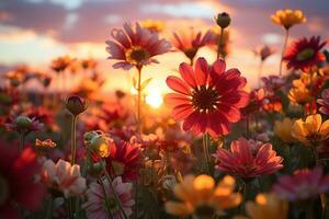 ai gegenereerd uitgeschakeld weide levendig wilde bloemen in avond licht, zonsopkomst en zonsondergang behang foto