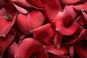 ai gegenereerd een dichtbij en inschrijving visie van dauw Laden rood roos bloemblaadjes belichamen de verleiden van romantiek, valentijn, dating en liefde voorstel beeld foto
