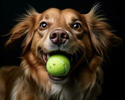 ai gegenereerd een vrolijk hond met tennis bal in mond, huisdier foto