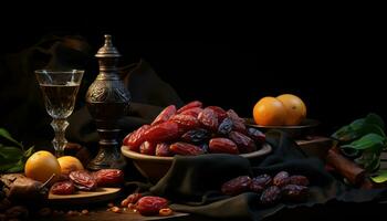 ai gegenereerd voortreffelijk presentatie van mollig datum fruit Aan een donker elegant oppervlak, eid en Ramadan afbeeldingen foto